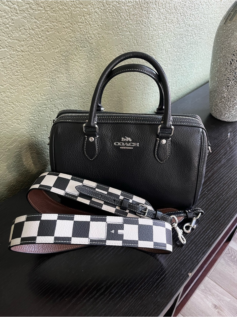 Coach Rowan Black Leather Satchel with Checkered Strap Limited Edition